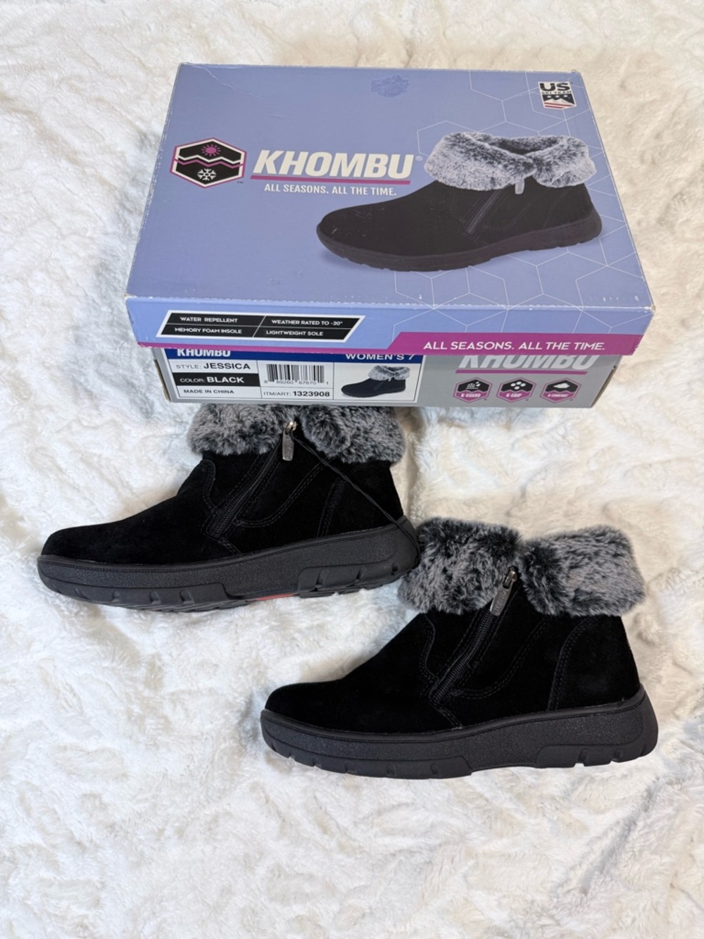 Khombu Black Ankle Boots with Gray Faux-Fur Cuff - size 7- new in box - Picture 11 of 15